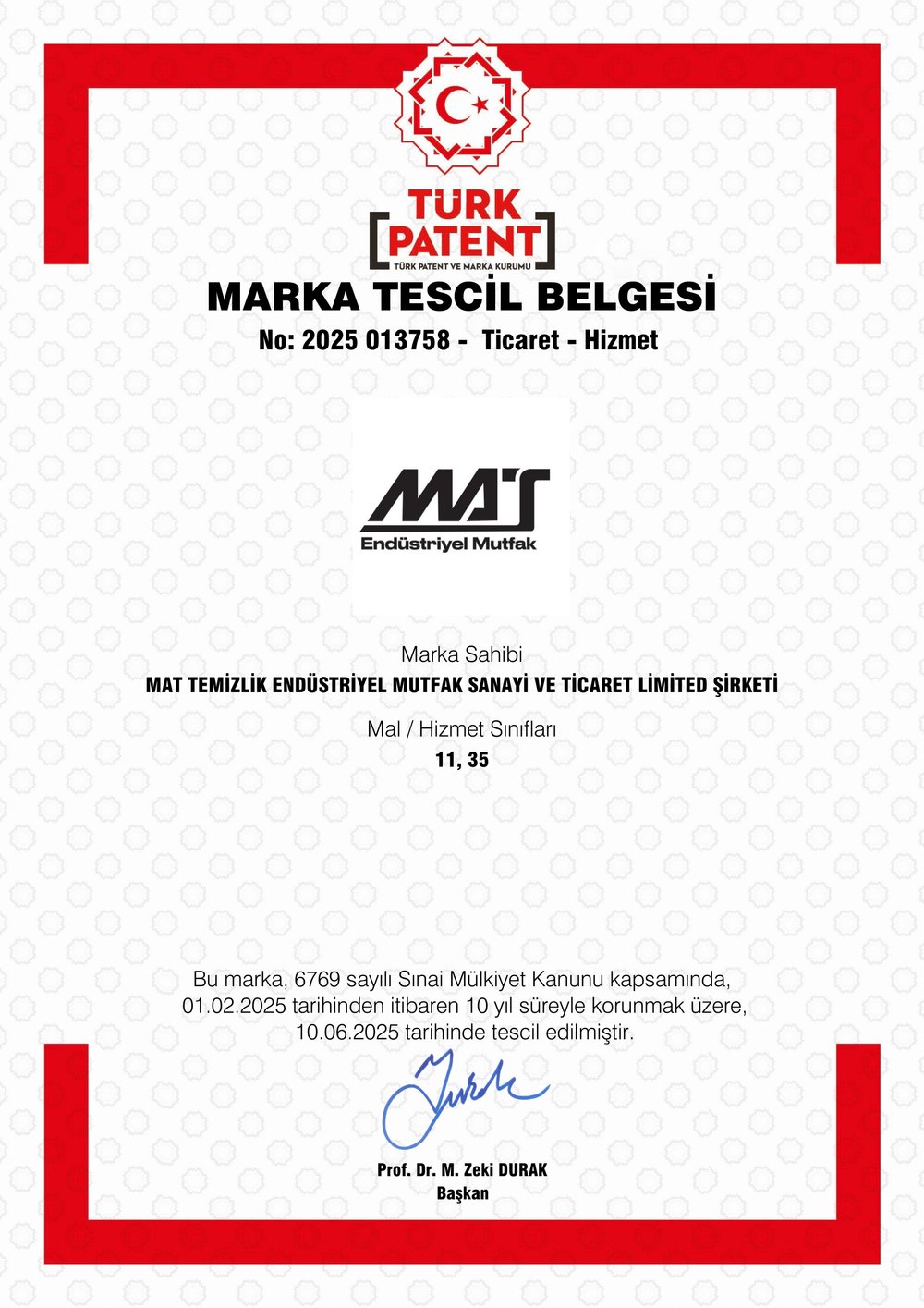MAT marka tescil belgesi